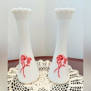 Set of 2 Vintage Hazel Atlas Milk Glass Bud Vases | Red Rose Floral